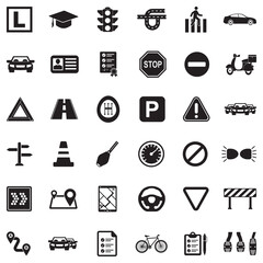 Driving School Icons. Black Flat Design. Vector Illustration.