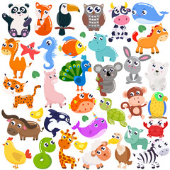 Big set of cute cartoon animals. Vector flat illustration. - 381323113