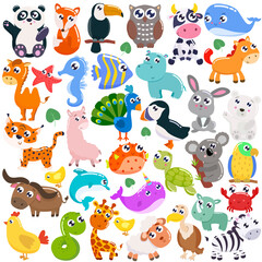 Big set of cute cartoon animals. Vector flat illustration. - 381323135