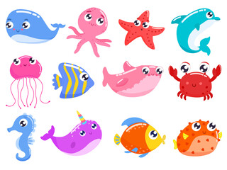 Set of cartoon colorful cute sea animals. Vector flat illustration.