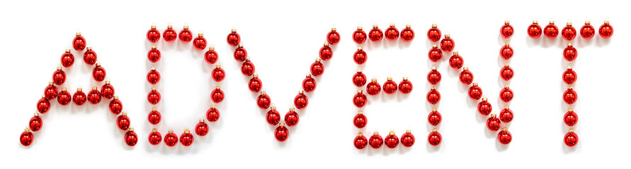 Red Christmas Ball Ornament Building English Word Advent. Festive Christmas Decoration. White Isolated Background
