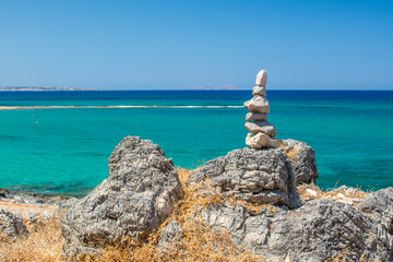 Sea coast and beach with rocks, rocky coastline, blue sea, good sunny day. Summer trip. Beautiful...