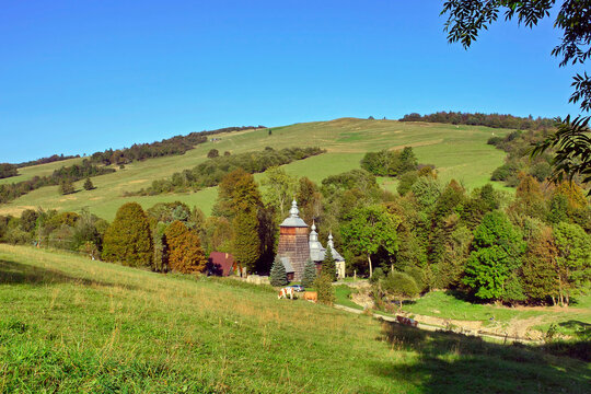 Rural landscape in Low Beskids (Beskid Niski) with wooden orthodox church in Chyrowa village, Poland. 