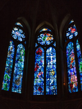 REIMS, FRANCE - JUNE 29, 2010: stained-glass windows painted by artist Marc Chagall in Reims Cathedral in 1971. Marc Chagall (1887-1985) was Russian-French artist of Belarusian Jewish origin