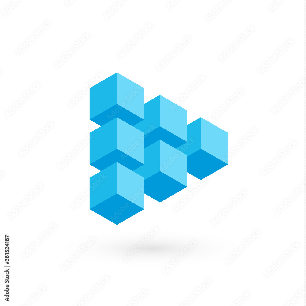 Aufkleber play button for digital media, audio and video, triangular shape from 3d cubes, blue volumetric figu