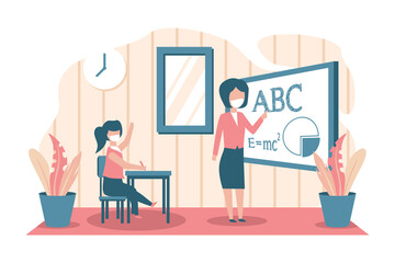 flat illustration of student and teacher wearing a mask in corona virus pandemic