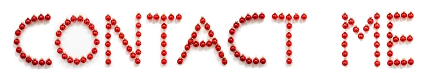 Red Christmas Ball Ornament Building English Word Contact Me. Festive Christmas Decoration. White Isolated Background