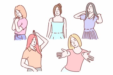 Collection of pretty women stylish Clothes and pose. Hand drawn character flat style vector.