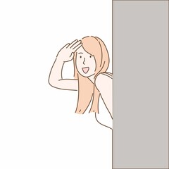 Woman hiding behind wall. Hand drawn character style vector.