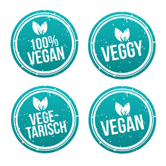 Blue vegan Badge Set. German-Translation: Vegan Button und Vegetarisch Banner Set.