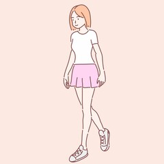 Walking woman. Hand drawn character style vector.