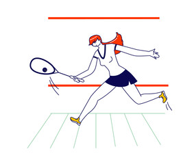 Young Girl in Sportswear Play Squash pr Big Tennis on Court. Sportswoman Character Holding Racket Hitting Ball, Sport