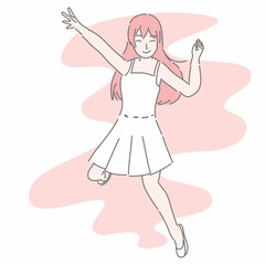 Happy girl jumping. Hand drawn flat character style.