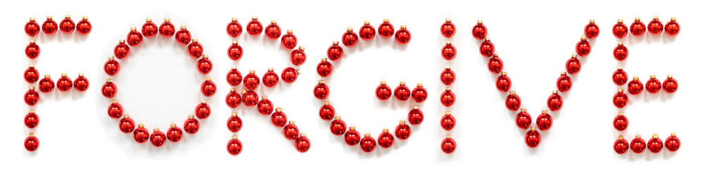 Red Christmas Ball Ornament Building English Word Forgive. Festive Christmas Decoration. White Isolated Background