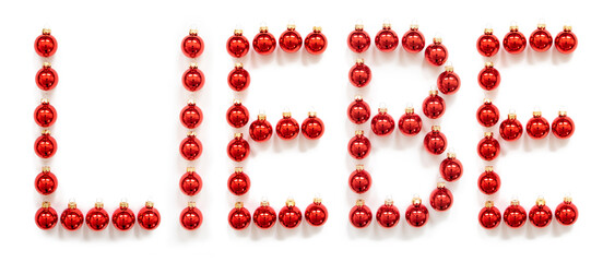 Red Christmas Ball Ornament Building German Word Liebe Means Love. Festive Christmas Decoration. White Isolated Background