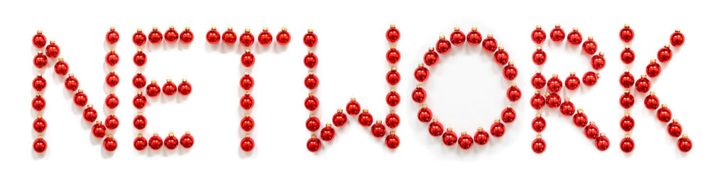 Red Christmas Ball Ornament Building English Word Network. Festive Christmas Decoration. White Isolated Background