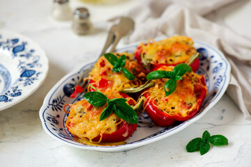 Bell peppers stuffed with spaghetty selective focus