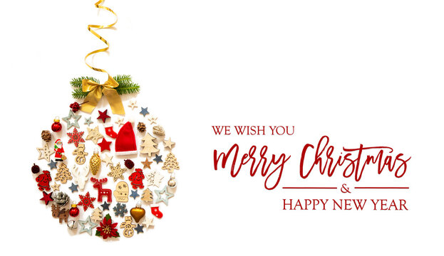 Christmas Ball Build Of Vairous Christmas Decoration And Ornaments. English Text Merry Christmas And A Happy New Year. Fir Branch With Riboon And Bow. White Isolated Background