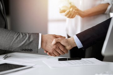 Business people shaking hands finishing contract signing in sunny office, close-up. Handshake and marketing