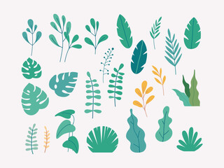 Vector set of flat illustrations of plants, trees, leaves - obrazy, fototapety, plakaty
