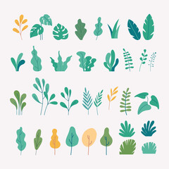 Fototapeta na wymiar Vector set of flat illustrations of plants, trees, leaves