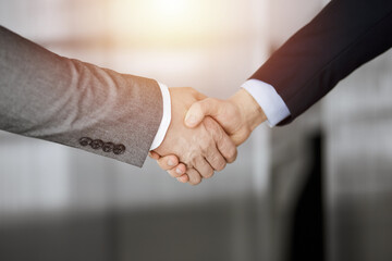 Business people standing and shaking hands in sunny office, close-up. Handshake and marketing