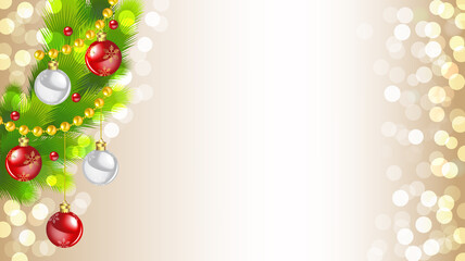 Decorated Christmas tree on golden bokeh lights background