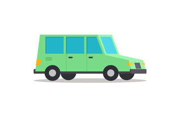 Green minivan on a white isolated background. Car side view. Modern transport vector flat illustration.