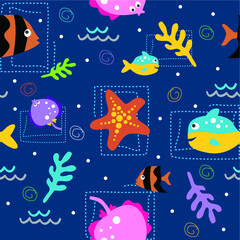 seamless pattern cute cartoon animals underwater with blue ocean background