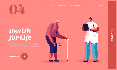 Elderly People Going Ability Landing Page Template. Senior Woman with Rheumatoid Arthritis Moving with Walking Cane