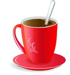 Beautiful red cup of coffee with a spoon inside isolated on white background. Vector illustration for design.