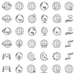 Earth Globe Icons.  Gray Flat Design. Vector Illustration.