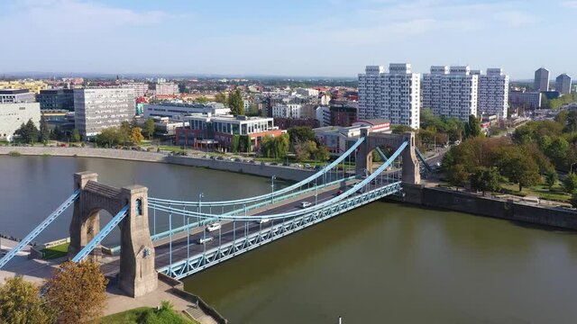 Aerial view of Grunwald Bridge (Most Grunwaldzki) over Oder river in Wroclaw, Poland
