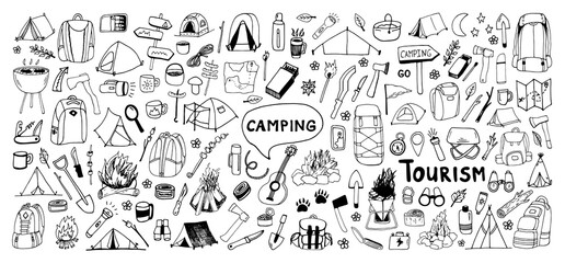 Huge hand drawn vector camping clip art set. Isolated on white background drawing for prints, poster, cute stationery, travel design. High quality illustrations