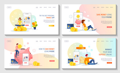Obraz na płótnie Canvas Large money piglet and jar banks with coins inside, phone and people. Money saving or accumulating, Deposit, Internet banking concept. Set of web pages, banners. Vector illustration.