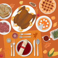 Thanksgiving table setting. Turkey, pies, potatoes, plates, cutlery, napkins, glasses, pumpkins, fruits and decor. Autumn leaves and berries. Vector illustration. Top view © Svetlana