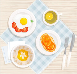 Breakfast on the table. Vector icon with cereal, sandwich, scrambled eggs and tea. Healthy food on plates top view.