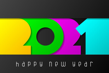 Happy New Year 2021 poster with numbers cut out of colored paper. Winter holidays greeting or invitation. Vector illustration on black background.