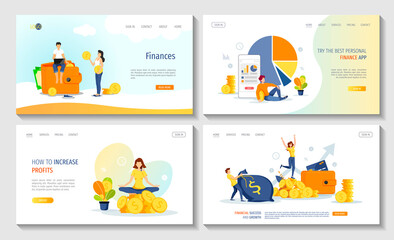 Set of web pages with coins, money plants and bag, wallet, diagrams, characters. Profit, budget, prosperity, financial success, savings concept. Vector illustration for banner, poster, website.