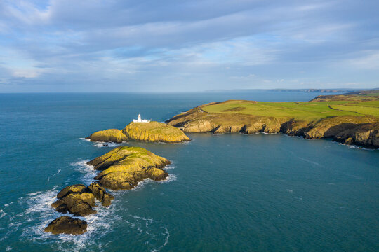 Aerial view of Strumble Head Lighthouse, near Goodwick, Pembrokeshire, Dyfed, Wales, UK