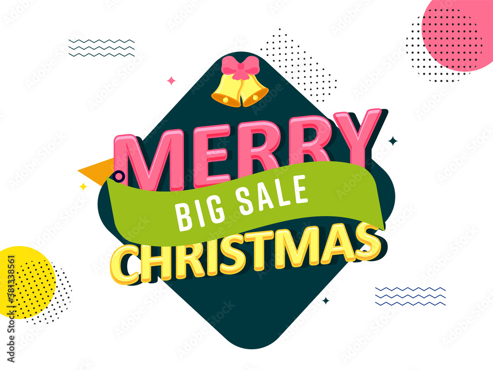 Sticker Big Sale Poster or Banner Design with Glossy Merry Christmas Text and Jingle Bells on White Abstract Background.