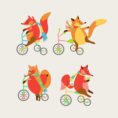 Collection with foxes in scarves on bicycles. Can be used for wallpapers, pattern fills, textile, surface textures