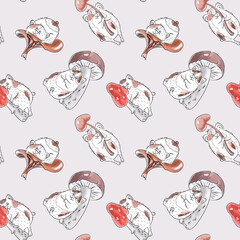 Seamless pattern with different guinea pigs and watercolor mushrooms. Animalistic vector background. Brown, beige and red tones. Can be used for wallpapers, pattern fills, textile, surface textures