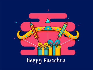 Happy Dussehra Font with Bow Arrow, Firecrackers and Gift Box Illustration on Blue and Pink Background.