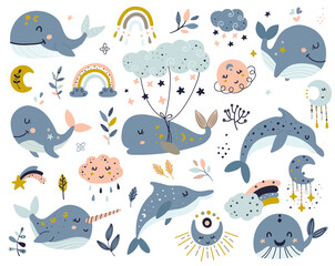 Set of celestial whales, dolphins and narwhal © nafanya241