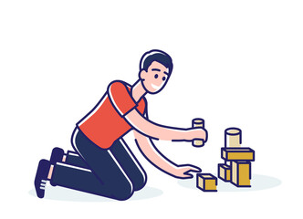 Boy playing with toy brick blocks. Small kid building with constructor. Logic games for children