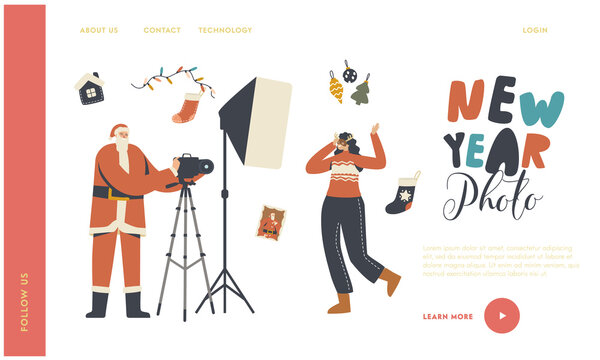 New Year and Christmas Photo Session Landing Page Template. Cheerful Female Character in Festive Mask Posing on Camera
