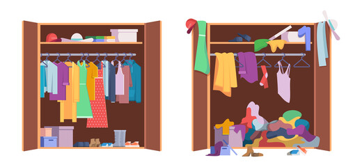 Messy clothes wardrobe. Modern interior storage with opening and closed organized wardrobe vector set. Wardrobe clothes, messy clothing in closet illustration