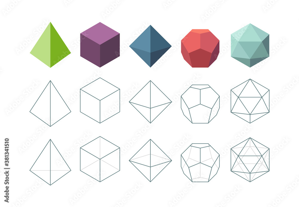 Wall mural platonic solid. geometrical 3d object shapes vector collection. polygon pyramid form, platonic and p
