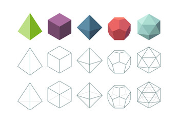Platonic solid. Geometrical 3d object shapes vector collection. Polygon pyramid form, platonic and polyhedron geometric figures - obrazy, fototapety, plakaty